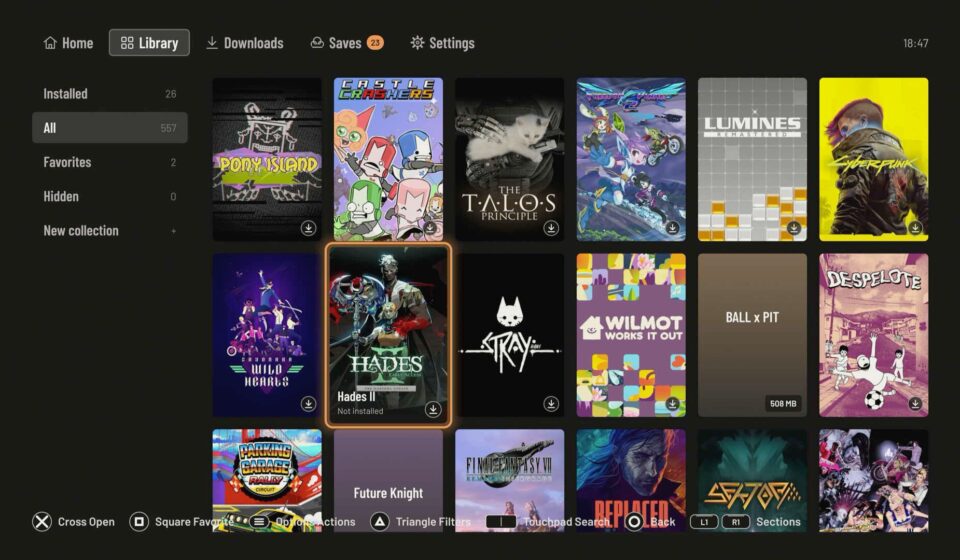 Playden 在 PS5 上顯示的 Steam 遊戲庫畫面，遊戲以封面圖排列